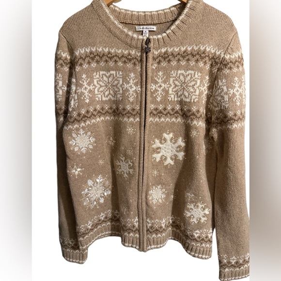 CARDIGAN SWEATER Zip Up CROFT & BARROW tan white SNOWFLAKES medium - Picture 1 of 13